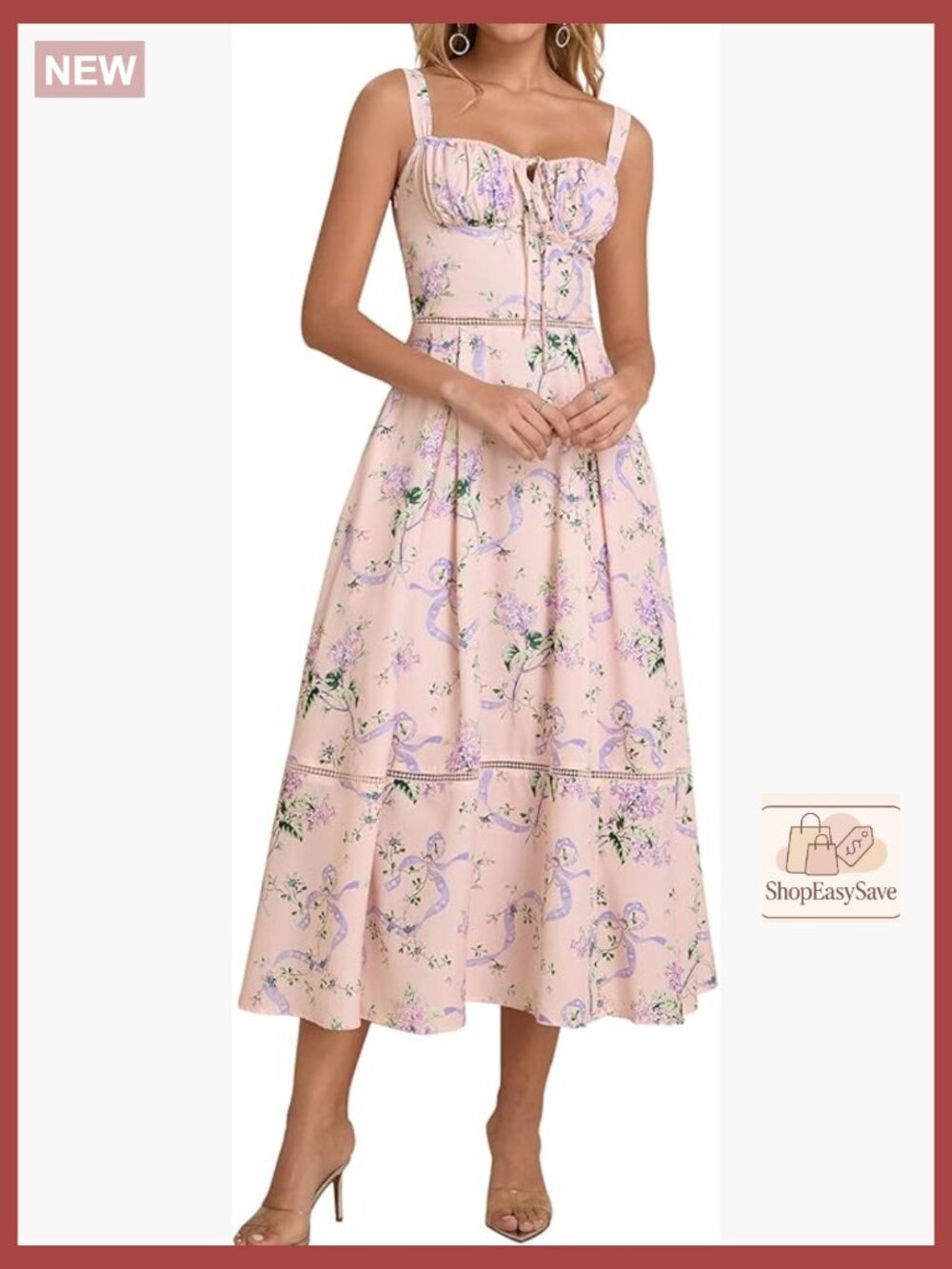 Floral Corset Midi Dress Lace Up Cutout Flowy Summer Wedding Guest Sundress